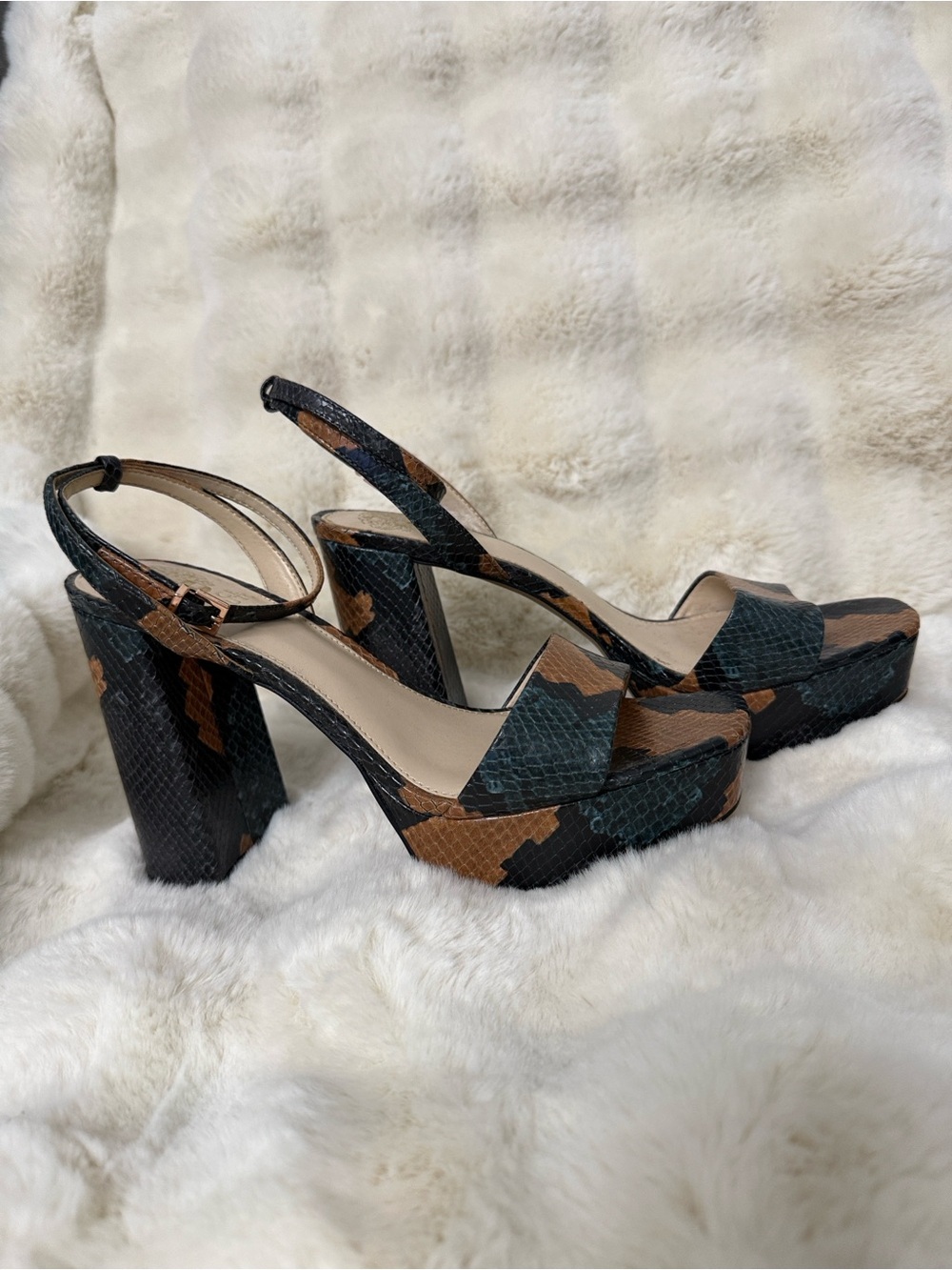 Vince Camuto Black and Brown Snake-Print Platform Slingback Heels
